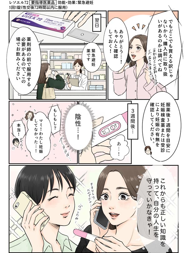 レソエル72&reg;等の緊急避妊薬を服用し妊娠が陰性であることに安堵する主人公の女性と電話で報告を聞く女性のマンガ